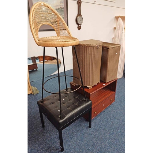 5514 - 2 LLOYD LOOM CLOTHES BASKETS, MAHOGANY CABINET, BLACK LEATHER STOOL & METAL & BASKET WORK STOOL