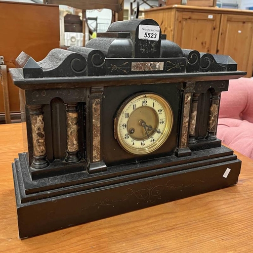 5523 - 19TH CENTURY BLACK SLATE CLOCK WITH DECORATIVE MARBLE PILLARS