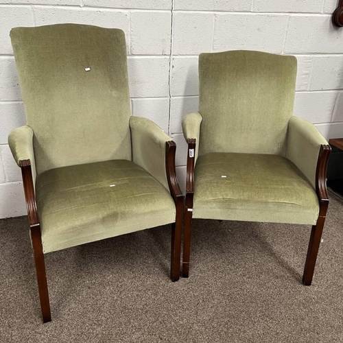 5524 - 2 MAHOGANY FRAMED ARMCHAIRS IN GREEN COVERING