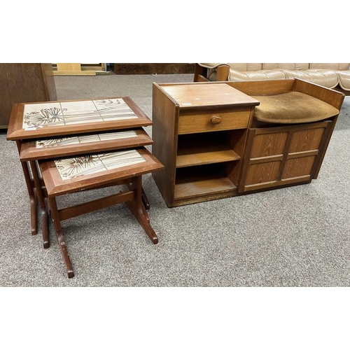 5532 - TEAK TELEPHONE SEAT & TILE TOPPED NEST OF TABLES