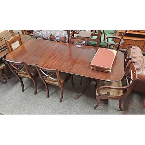 5537 - MAHOGANY TWIN PEDESTAL DINING TABLE WITH EXTRA LEAF & SET OF 6 DINING CHAIRS INCLUDING 2 ARMCHAIRS