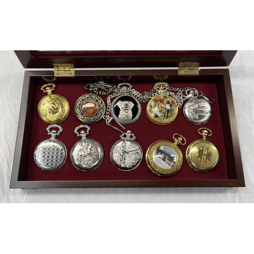 646 - 10 DECORATIVE POCKET WATCHES IN FITTED WATCH CABINET