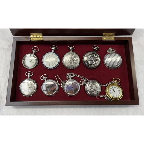 647 - 10 DECORATIVE POCKET WATCHES IN FITTED WATCH CABINET