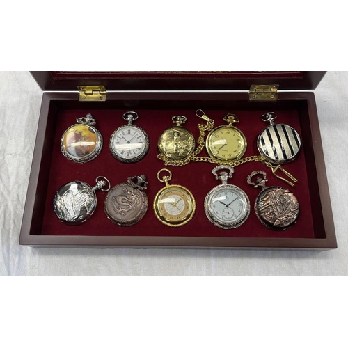 648 - 10 DECORATIVE POCKET WATCHES IN FITTED WATCH CABINET