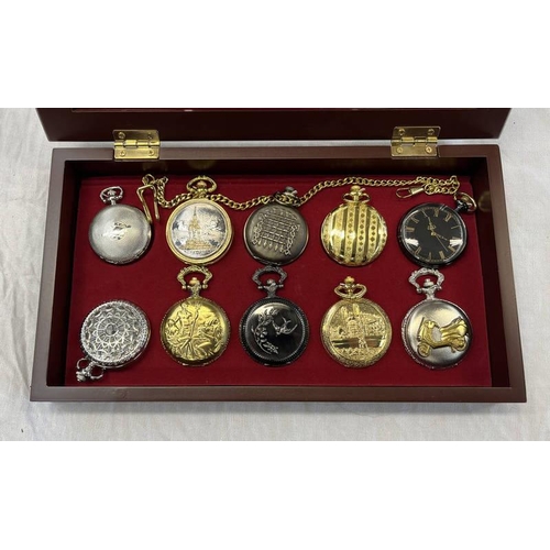 649 - 10 DECORATIVE POCKET WATCHES IN FITTED WATCH CABINET