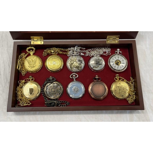 650 - 10 DECORATIVE POCKET WATCHES IN FITTED WATCH CABINET