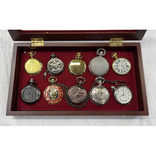 651 - 10 DECORATIVE POCKET WATCHES IN FITTED WATCH CABINET