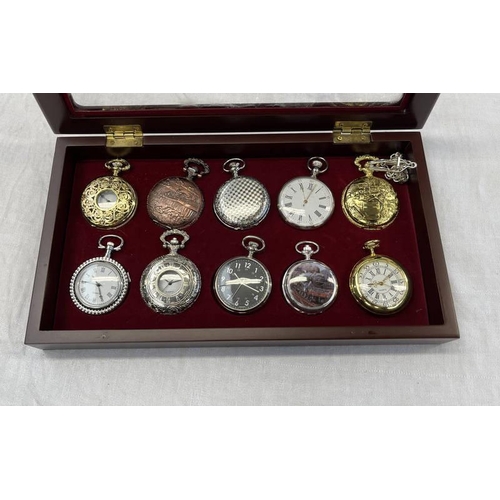 652 - 10 DECORATIVE POCKET WATCHES IN FITTED WATCH CABINET