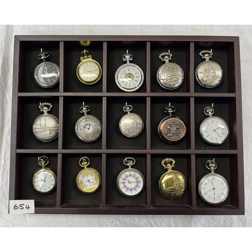 654 - 10 DECORATIVE POCKET WATCHES IN FITTED WATCH CABINET