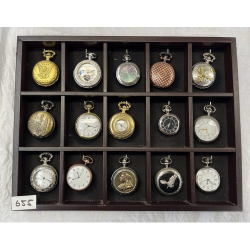 655 - 10 DECORATIVE POCKET WATCHES IN FITTED WATCH CABINET