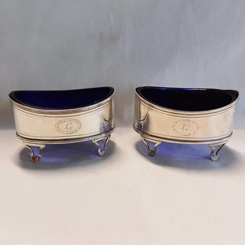 70 - PAIR OF GEORGE III SILVER OVAL SALTS ON 4 PIERCED SUPPORTS WITH BLUE GLASS LINERS BY HAMPSTON, PRINC... 