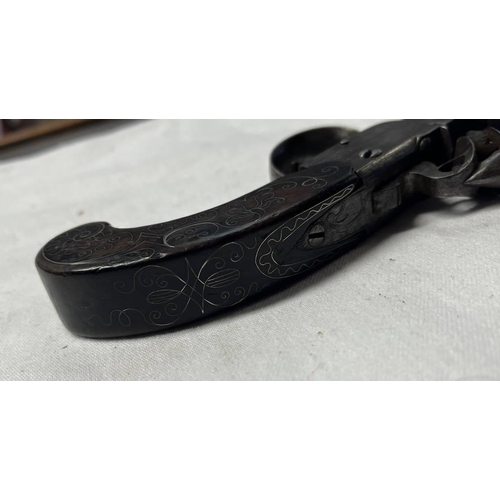 1295 - 54 BORE FLINTLOCK BOX LOCK POCKET PISTOL BY BARBER WITH IT'S 2.25'' 5 STAGE TURN OFF BARREL, SIGNED ... 