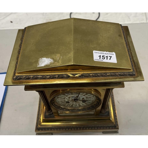 1567 - 20TH CENTURY FRENCH BRASS MANTLE CLOCK WITH PAINTED ENAMEL DIAL WITH BIRD DECORATION CLOCK KEYS & PE... 