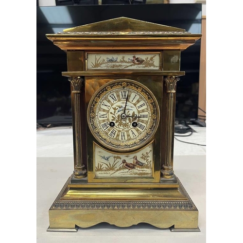 1567 - 20TH CENTURY FRENCH BRASS MANTLE CLOCK WITH PAINTED ENAMEL DIAL WITH BIRD DECORATION CLOCK KEYS & PE... 