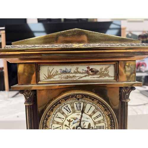 1567 - 20TH CENTURY FRENCH BRASS MANTLE CLOCK WITH PAINTED ENAMEL DIAL WITH BIRD DECORATION CLOCK KEYS & PE... 