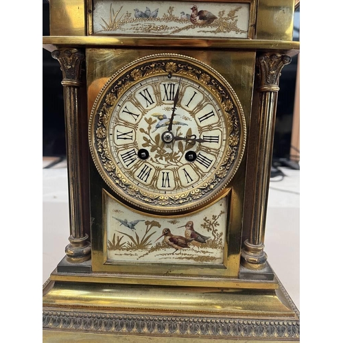 1567 - 20TH CENTURY FRENCH BRASS MANTLE CLOCK WITH PAINTED ENAMEL DIAL WITH BIRD DECORATION CLOCK KEYS & PE... 