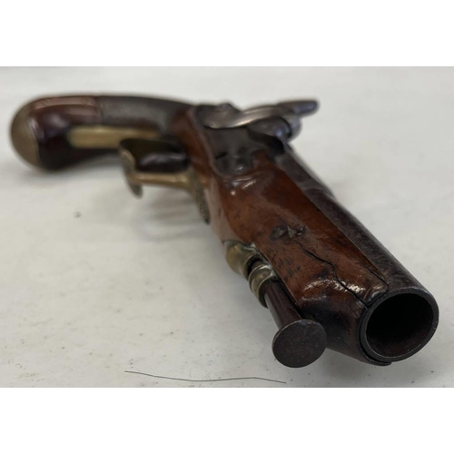 1219 - PERCUSSION PISTOL WITH 11.2 CM LONG TWO STAGE BARREL, PLAIN UNSIGNED LOCK, CHEQUERED GRIP WITH BRASS... 