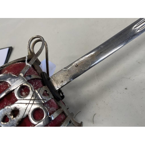 1477 - SCOTTISH BASKET HILTED SWORD WITH 79.5 CM BLADE WITH FULLERS AND ETCHING TO INCLUDE CROWNED VR CYPHE... 