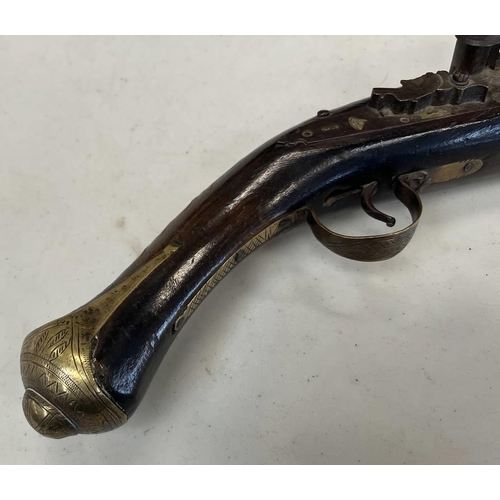 1483 - 18 BORE NORTH AFRICAN SNAPHAUNCE PISTOL WITH 30.8CM LONG TWO STAGE BARREL ENGRAVED INLAID BRASS AND ... 