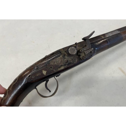 1483 - 18 BORE NORTH AFRICAN SNAPHAUNCE PISTOL WITH 30.8CM LONG TWO STAGE BARREL ENGRAVED INLAID BRASS AND ... 