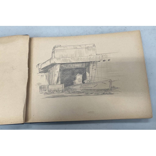 1002 - THIRD REICH ALBUM OF SKETCHES BY A U BOAT CREWMAN, INCLUDES PHOTO OF U BOAT AND SIGNED LETTER FROM U... 