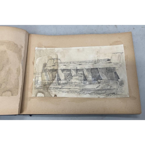 1002 - THIRD REICH ALBUM OF SKETCHES BY A U BOAT CREWMAN, INCLUDES PHOTO OF U BOAT AND SIGNED LETTER FROM U... 