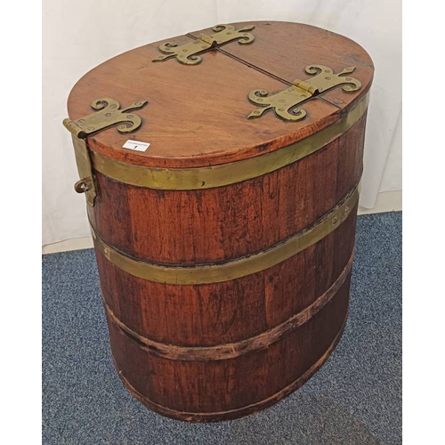 1 - 19TH CENTURY BRASS BOUND SHIPS LIDDED OVAL STORAGE BARREL WITH DECORATIVE BRASS HINGES.  74 CM TALL ... 