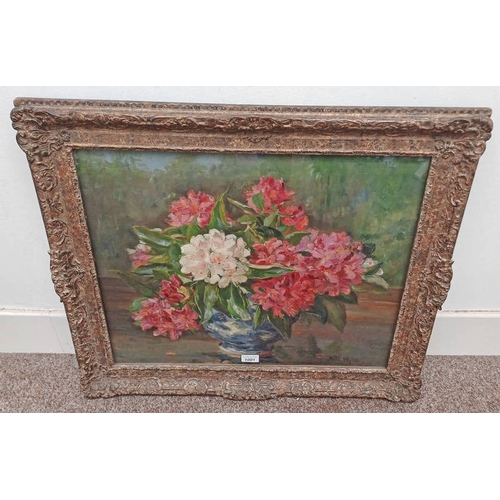 1001 - KATE WYLIE - (ARR),   'RHODODENDRONS' SIGNED, LABEL TO  REVERSE GILT FRAMED OIL ON CANVAS 50 CM X 60... 