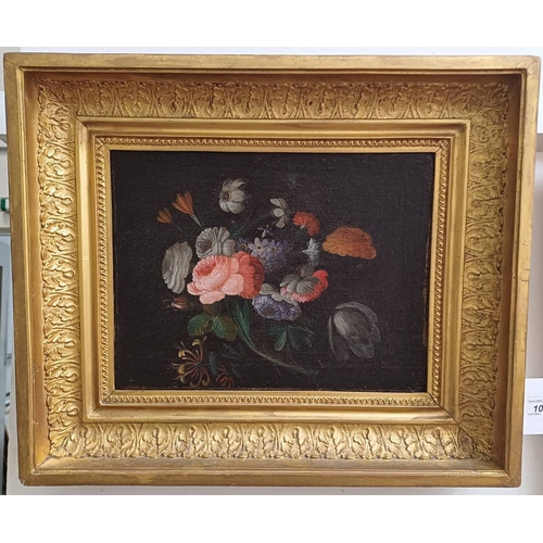 1003 - ATTRIBUTED TO JAN VAN HUYSMAN 'STILL LIFE OF FLOWERS' BEARS OLD LABEL TO REVERSE GILT FRAMED OIL PAI... 