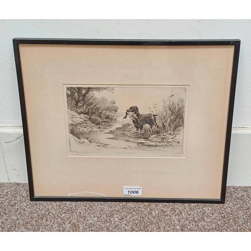 1006 - JACKSON SIMPSON THE SPANIEL SIGNED IN PENCIL FRAMED ETCHING 15 X 23 CM