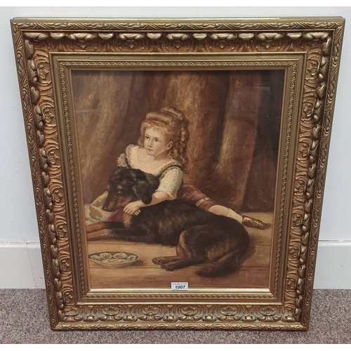 1007 - GILT FRAMED OIL ON CANVAS OF GIRL SITTING WITH DOG, MONOGRAMMED CTC, 50 CM X 41 CM