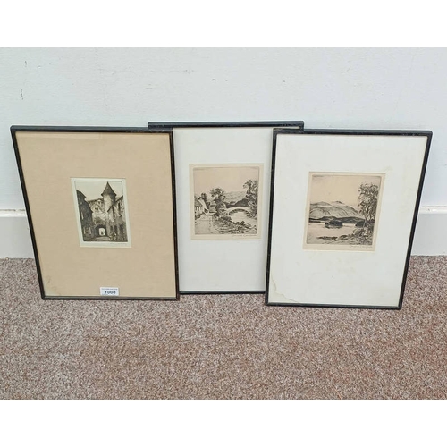 1008 - 3 FRAMED ETCHINGS, MARY MACKAY, EDINBURGH STREET SCENE, SIGNED IN PENCIL, & DONALD CRAWFORD, RURAL S... 