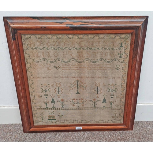 1009 - 19TH CENTURY ROSE WOOD FRAMED SAMPLER DATED 1838, DECORATED WITH TREES, FLOWERS AND SONG VERSES, 56 ... 