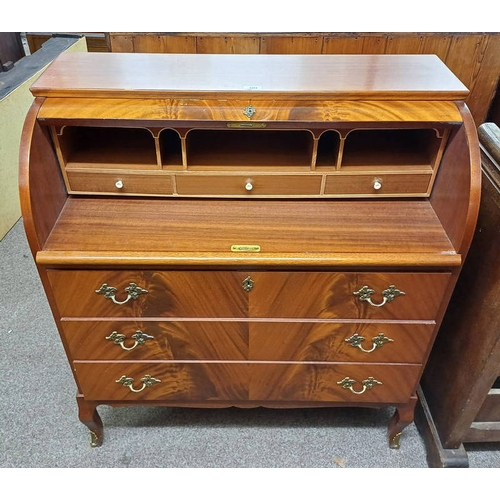 101 - LATE 20TH CENTURY MAHOGANY CYLINDER BUREAU WITH FITTED INTERIOR OVER 3 DRAWERS WITH DECORATIVE ORMOL... 