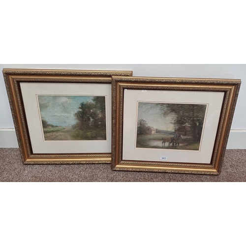 1011 - 2 GILT FRAMED PASTEL OF FARMING SCENES, BOTH SIGNED INDISTINCTLY IN PENCIL TO BOTTOM RIGHT, 25 CM X ... 