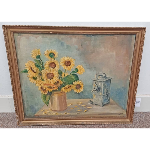 1020 - GILT FRAMED OIL PAINTING OF STILL LIFE OF SUNFLOWERS AND WATER JUG, MONOGRAMMED C.T.85, 54 CM X 66 C... 