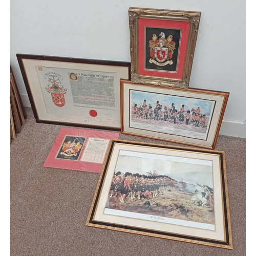 1022 - SELECTION OF MILITARY RELATED PRINTS, GILT FRAMED COAT OF ARMS, ETC. LARGEST  38 CM X 55 CM