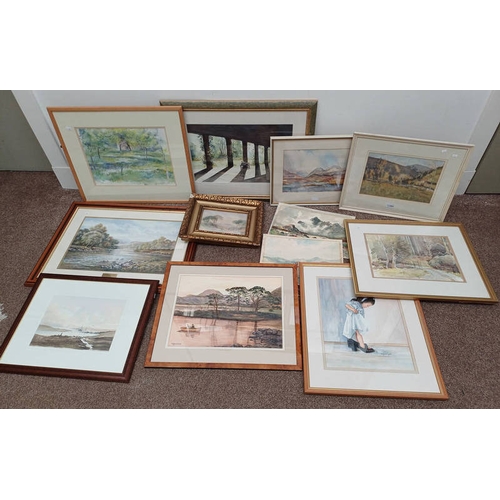 1027 - GOOD SELECTION OF WATERCOLOURS ETC TO INCLUDE ; J HUMBERT CRAIG, 'HOUSE IN THE VALLEY', SIGNED WATER... 