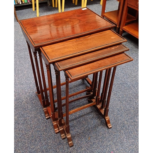 103 - REGENCY STYLE NEST OF MAHOGANY TABLES WITH TURNED SUPPORTS & OVAL INLAID DECORATION