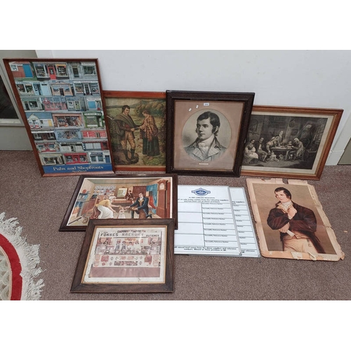 1032 - VARIOUS ENGRAVINGS, FRAMED AND UNFRAMED, RELATED TO ROBERT BURNS, BUTCHERS, SIGN BOARDS ETC.