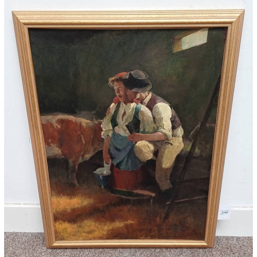 1033 - LAJOS MARKOS FIGURES IN STABLES UNSIGNED GILT FRAMED OIL ON CANVAS 84 X 55 CM