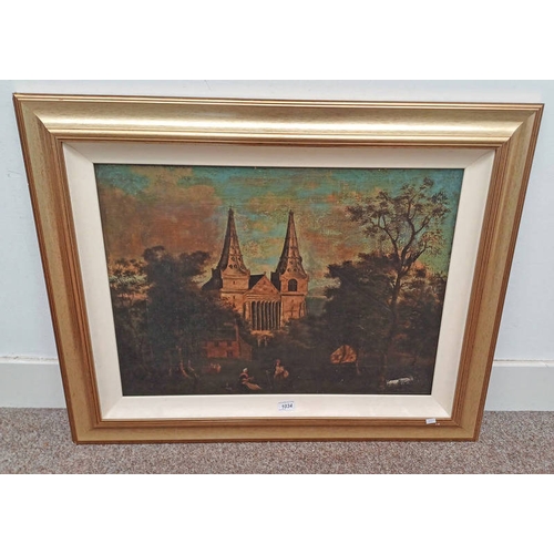 1034 - GILT FRAMED OIL ON CANVAS PAINTING OF 3 FIGURES OUTSIDE A CHURCH AND ANIMALS, UNSIGNED, 50 CM X 67 C... 