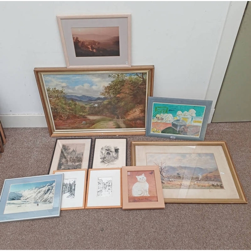 1038 - SELECTION OF WATER COLOURS, PRINTS ETC TO INCLUDE; H W TROLLIP, 'HIGHLAND CAMPING', SIGNED WATER COL... 