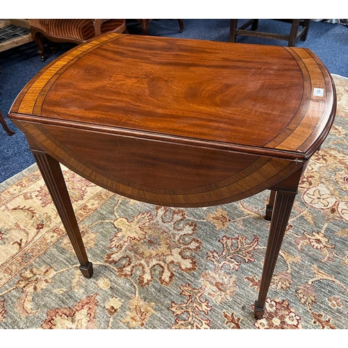 104 - LATE 19TH CENTURY STYLE INLAID MAHOGANY PEMBROKE TABLE WITH DRAWER EACH END ON REEDED SQUARE TAPERED... 