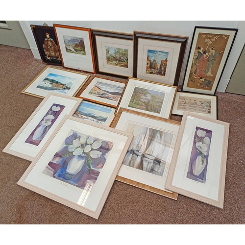 1042 - GOOD SELECTION OF WATER COLOURS, PRINTS ETC TO INCLUDE ; ALISON ROSS EWAN, 'CRAIGGEN -  DANROCH', SI... 