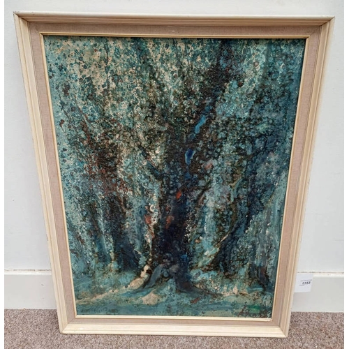 1043 - FRAMED OIL ON CANVAS OF ABSTRACT WOODLAND SCENE, SIGNED INDISTINCTLY & DATED 1976, 76 X 56 CM