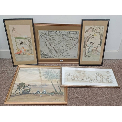 1050 - 2 FRAMED ORIENTAL WATERCOLOUR ON SILK PICTURE DEPICTING LADIES IN NATURE SCENES, SINGED WITH CHARACT... 