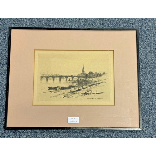 1053 - D Y CAMERON  PERTH BRIDGE  SIGNED IN PENCIL  FRAMED ETCHING  20CM X 28CM