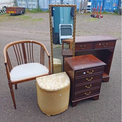 106 - INLAID MAHOGANY FRAMED TUB CHAIR, LLOYD LOOM LINEN BASKET, GILT FRAMED MIRROR, ETC - 5 PIECES