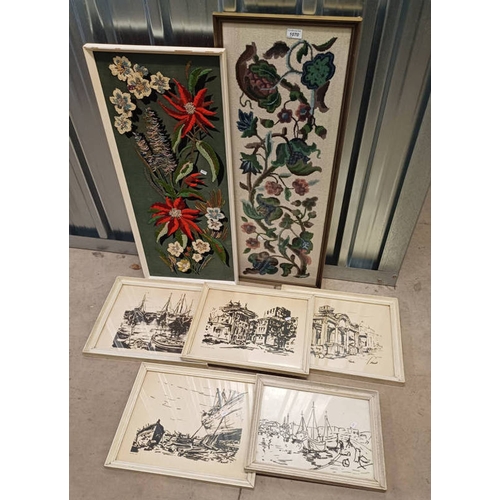 1070 - BLACK AND WHITE BOATING RELATED PRINTS TOGETHER WITH 2 FRAMED EMBROIDERIES OF FLOWERS.